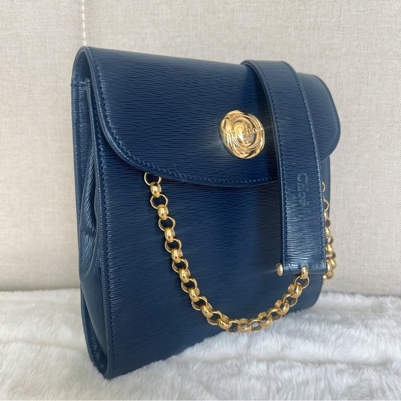 VINTAGE CHLOE Navy Blue Epi Leather Gold Chain Small Crossbody / Clutch - Picture 2 of 16